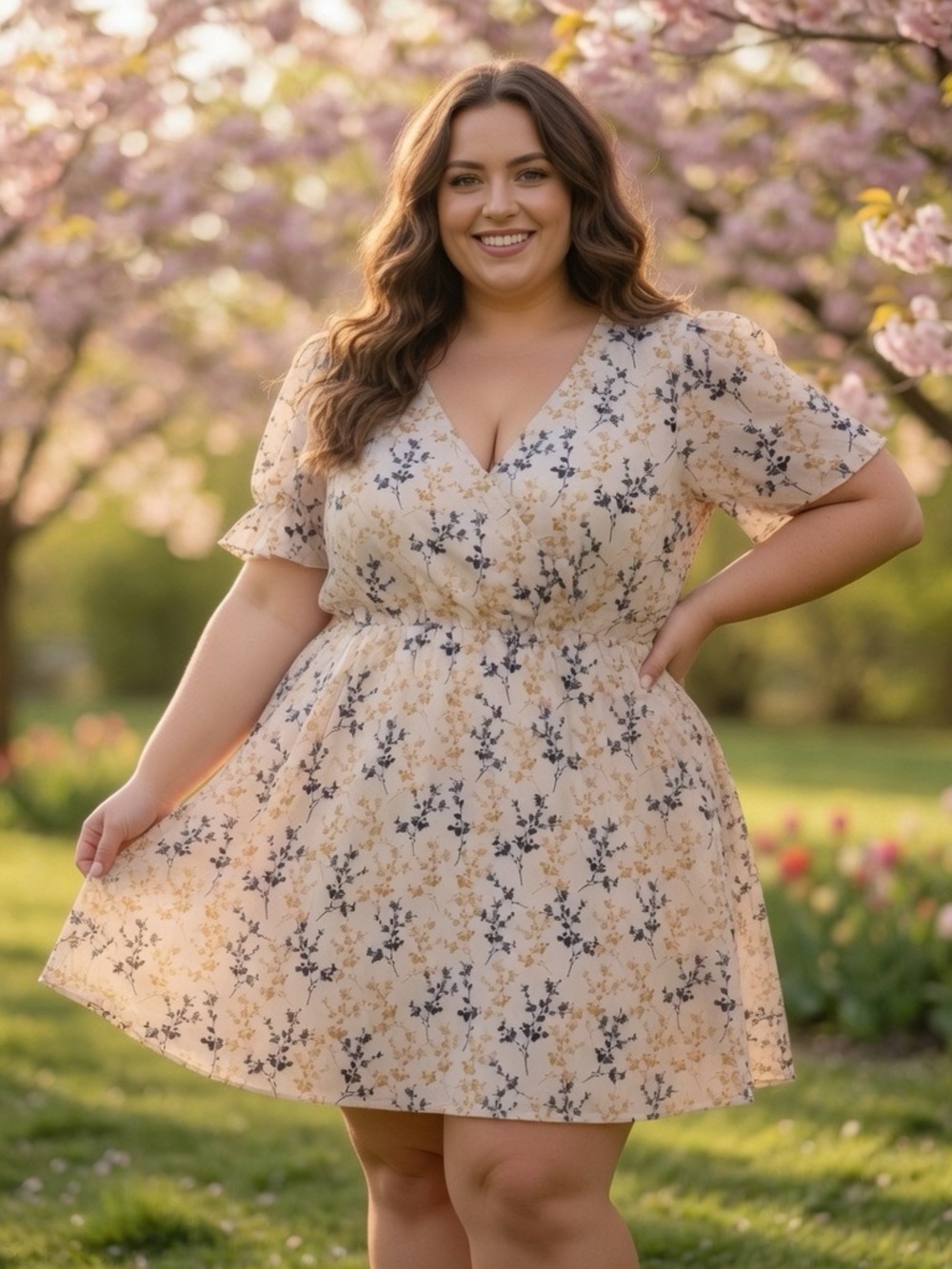 Plus Size Cream Floral V-Neck Mini Dress